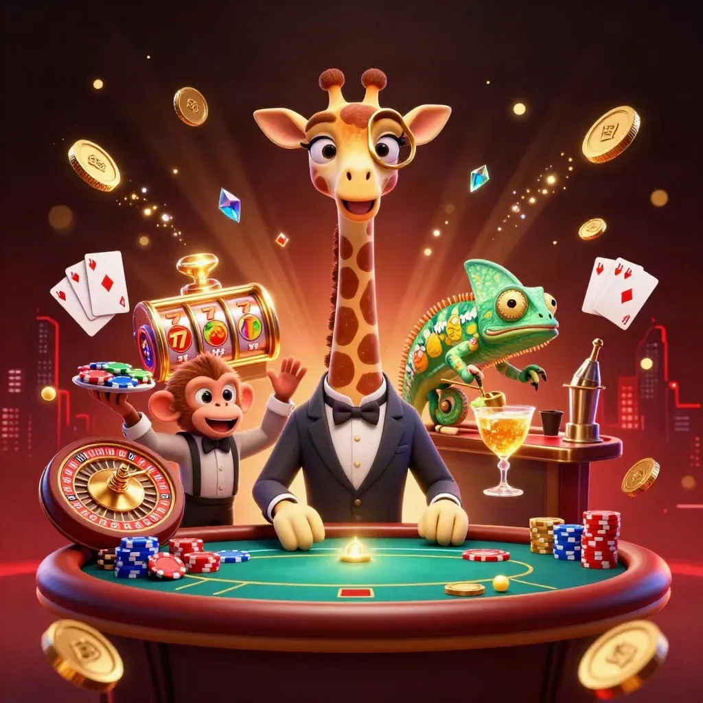 Giraffa high-roller, scimmia valet e camaleonte bartender tra monete, jackpot e luci verdi