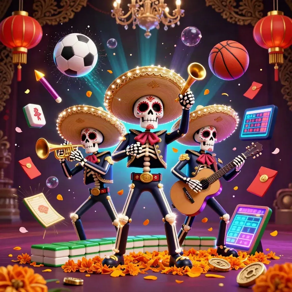 Trio di scheletri mariachi tra sfere sportive, petali, monete e luci lussuose.