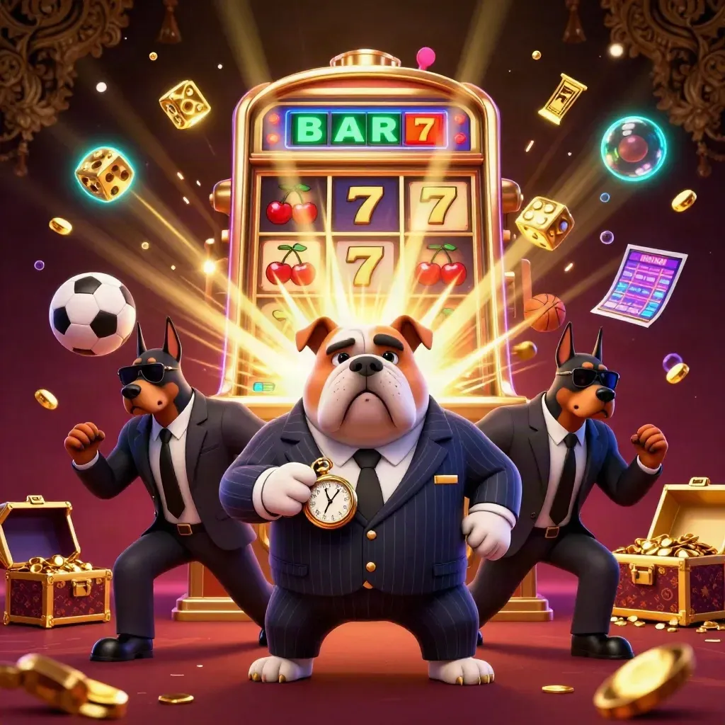 Bulldog boss e dobermann tra slot esplosiva, dadi d'oro, pallone e bagliori neon da casino.
