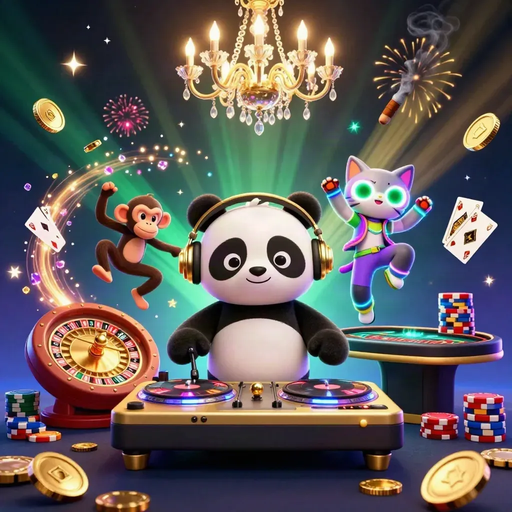 Panda DJ, scimmia breakdance e gattino glow-stick in sala casino verde e oro