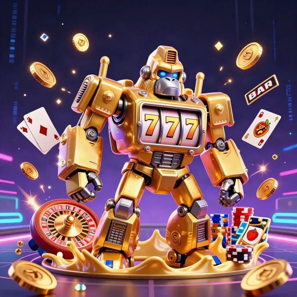 Gorilla meccanico d’oro con scimmietta, monete e gemme esplodono in stile neon.