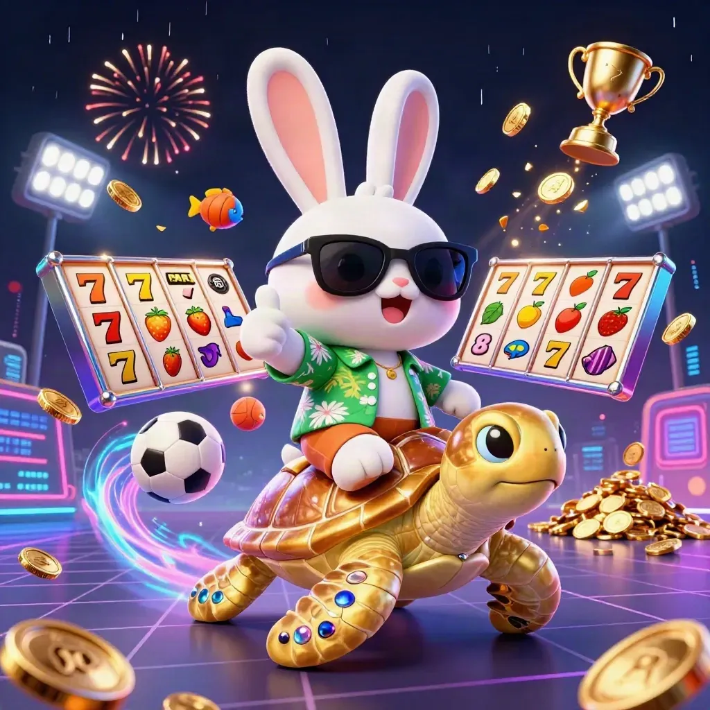 Coniglio fortunato 3D su tartaruga d’oro, monete e bonus in esplosione neon.