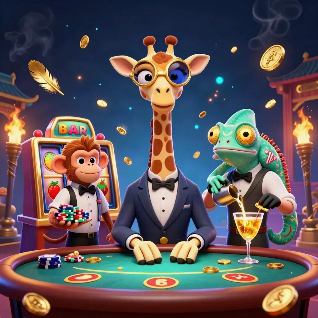 Giraffa giocatore, scimmia e camaleonte in un tavolo VIP con simboli jackpot e atmosfera lussuosa.