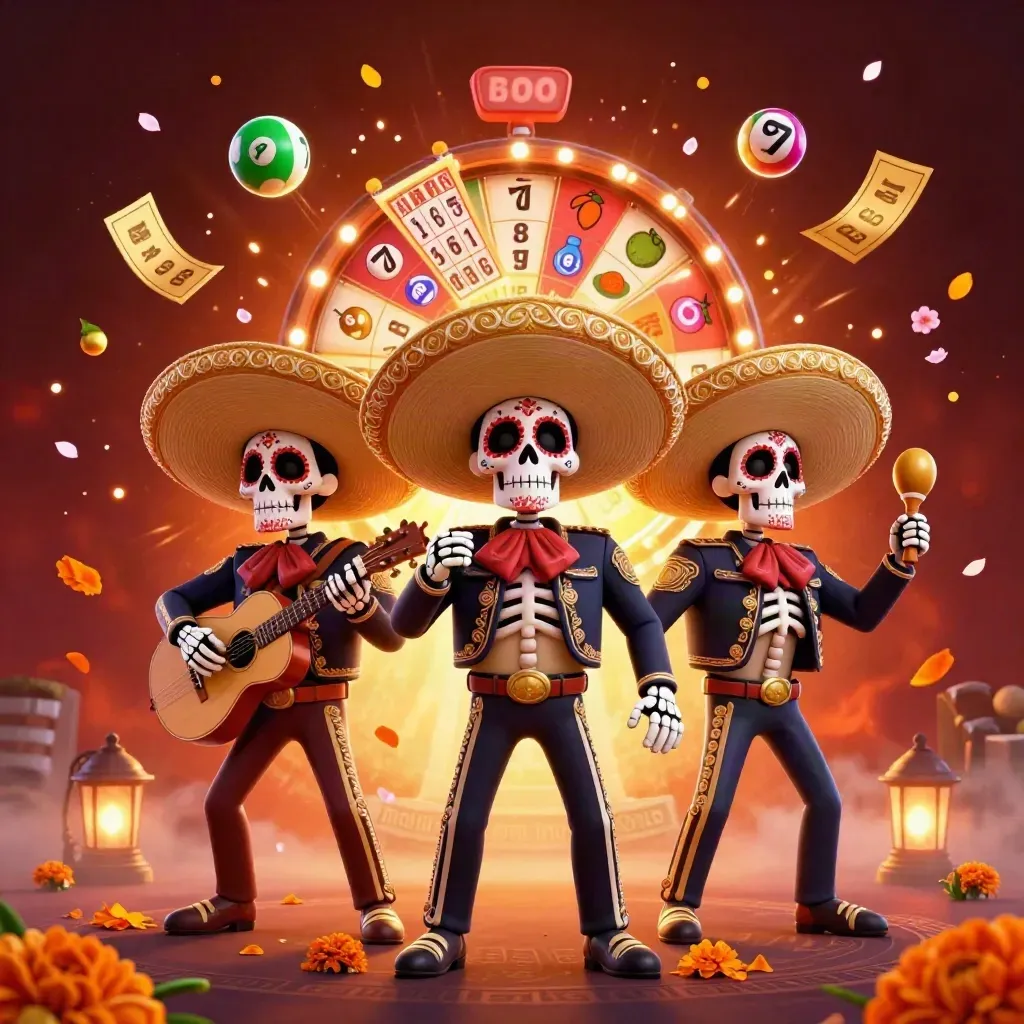 Trio mariachi scheletrico con petali, ruota premio, palline e fiches dorate.