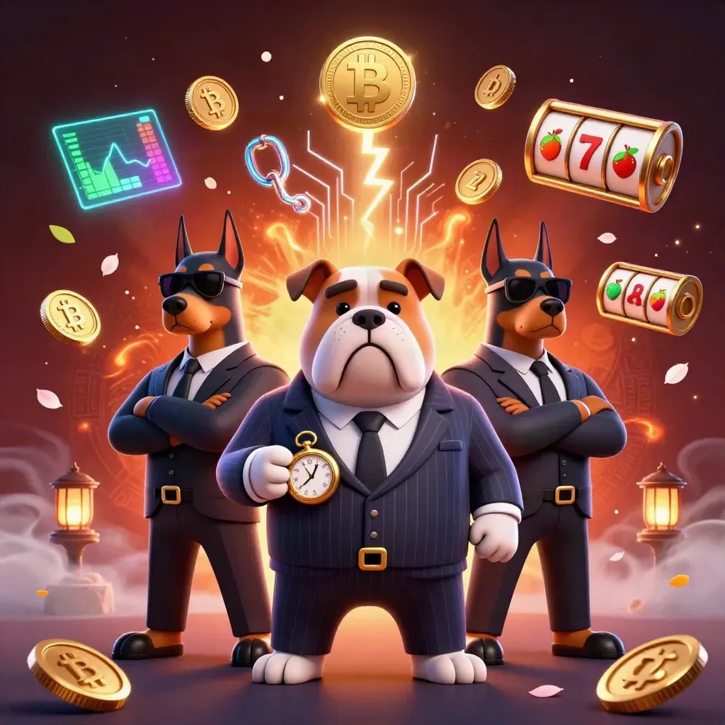 Bulldog mafioso e due doberman tra monete crypto, petali e luce neon su sfondo rosso scuro.