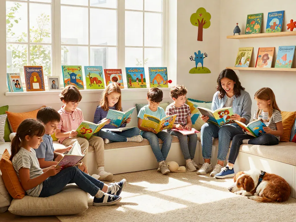 Children joyfully engaged with rokok88 storybooks in a cozy reading nook